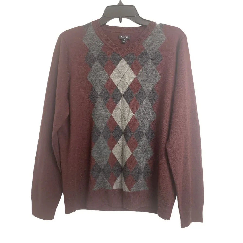 APT 9 Merino Wool Argyle Burgundy Sweater V-Neck Size M‎